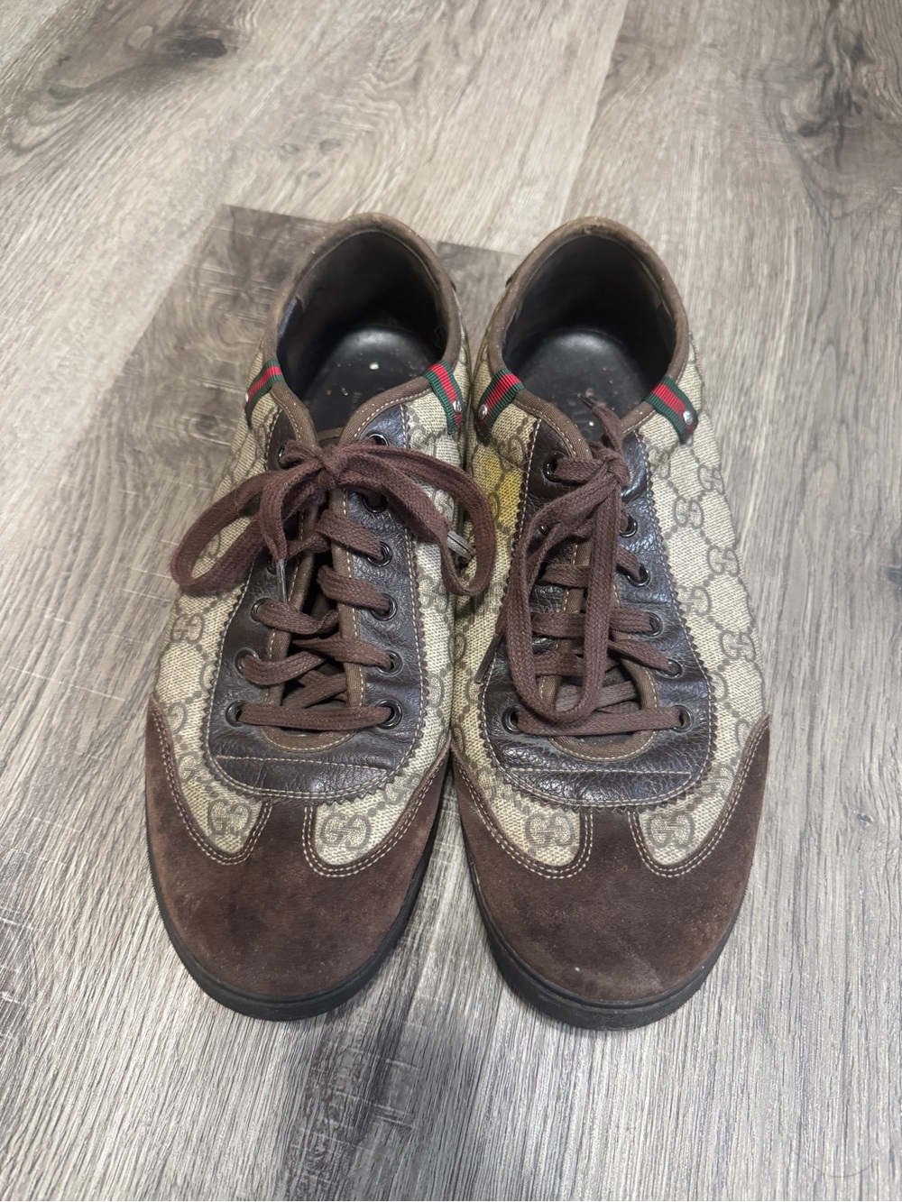 Gucci Brown Monogram Sneakers with Green-Red Web AUTHENTIC!